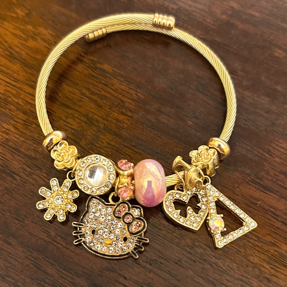 Hello Kitty Gold Charm Bracelet w/Pink Accents & Crystal Charms NWOT
